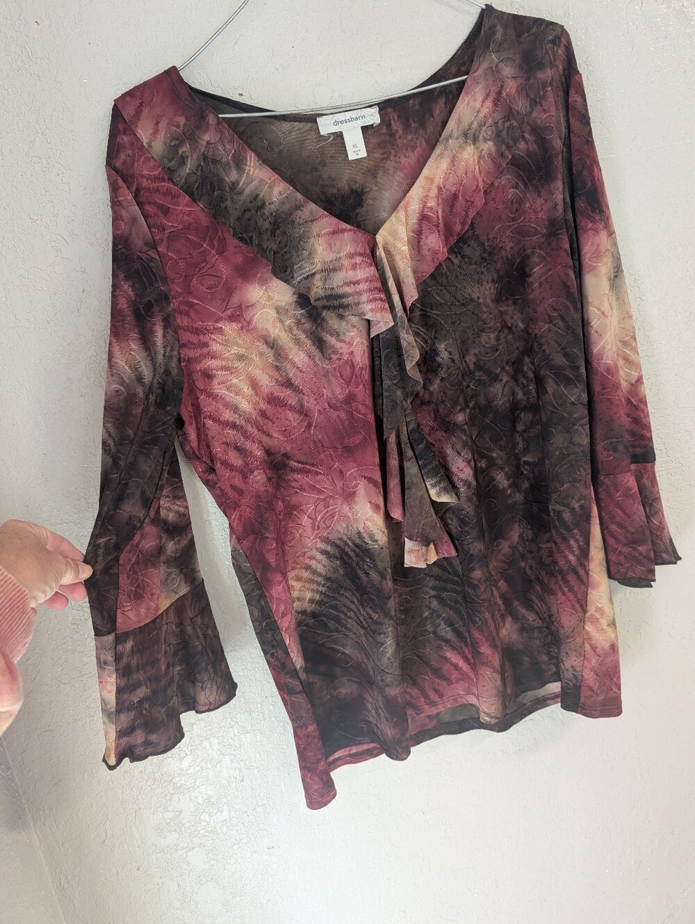 Dressbarn Witchy Blouse XL Red Brown Ruffle Bell Sleeve Flowy Whimsigoth Fairy